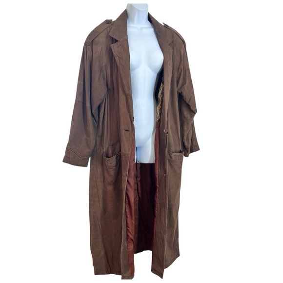 Split Ends 90s Brown Leather Duster Trench Coat size L - Picture 3 of 14